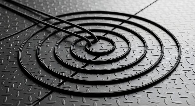 Stretching concept with elastic loop set creating concentric curves in a rubber mat zone, captured with natural lighting and deep focus for ultrasharp textures and crisp edges, clean composition. photo