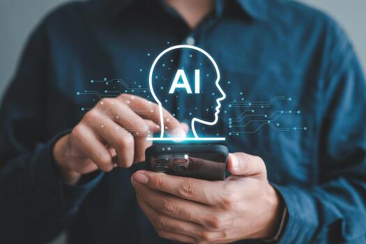 Person using smartphone to access AI technology, innovative digital future concept, modern technology, hand interacting with AI interface on mobile phone screen photo