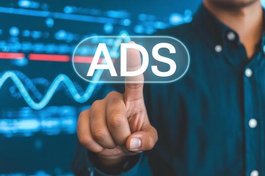 persona haciendo clic en anuncios botón en un futurista pantalla táctil interfaz con financiero gráficos en el fondo, simbolizando en línea publicidad y digital márketing foto