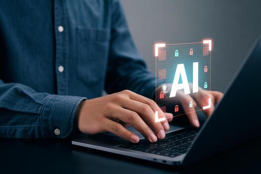 Man working on laptop computer with AI interface, innovative technology, future concept, cybersecurity photo