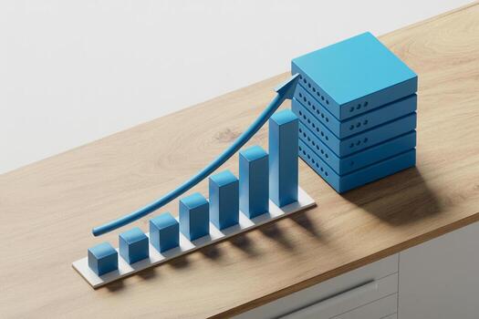 Exponential Data Growth Concept upward arrow showing a dramatic increase in a bar graph alongside a stack of server hard drives on a wooden table photo