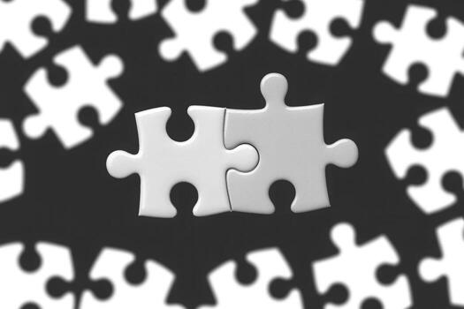 White jigsaw puzzle on wood background with missing piece strategy and problem solving concept design 100 pcs photo