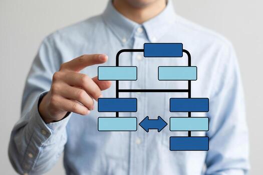 Man in blue shirt interacting with a flowchart, planning a project, business process, workflow, diagram, strategy, management, digital, technology, innovation, solution, photo