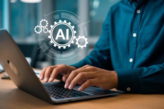 Man using laptop computer, working with AI technology in modern office, developing innovative solutions photo