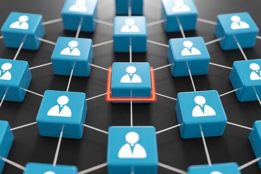 Network of blue cubes representing employees connected together, with one highlighted in red, symbolizing a key employee or a leader in a team, showing a concept of teamw photo