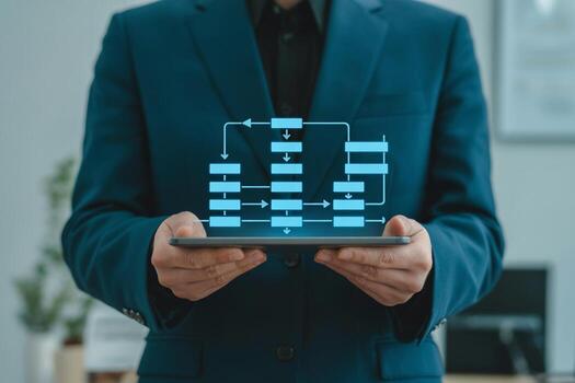 Businessperson reviewing a digital workflow diagram on a tablet in a modern office, symbolizing process optimization and efficiency photo