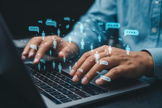 Person using laptop computer to connect with a network of people, building relationships and community online Digital communication, social media, networking, and collabo photo