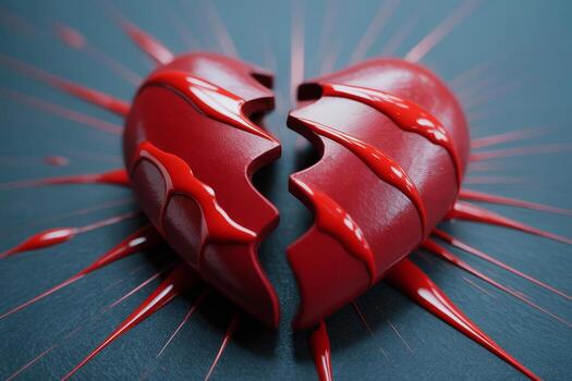 Broken Heart Split in Two on Dark Background, Red Liquid Dripping, Symbolizing Pain and Loss of Love photo