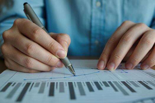 Close-up of hands analyzing a bar graph with a pen, making notes and reviewing financial data at a desk, signifying business growth and progress photo