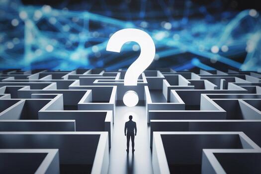 Businessperson facing a challenge in a complex maze, searching for solutions and facing uncertainty in a digital world This conceptual image symbolizes problem-solving, s photo