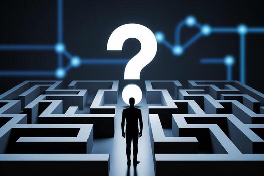 Silhouette of a person standing at a complex maze entrance, facing a large question mark, symbolizing uncertainty and the challenge of finding solutions in a complex syst photo