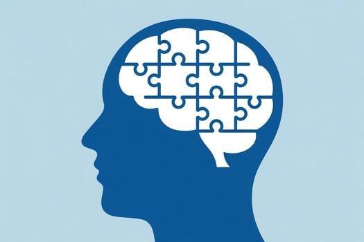 Human head silhouette with a puzzle-shaped brain solving problems, depicting mental health, intelligence, and cognitive functions photo
