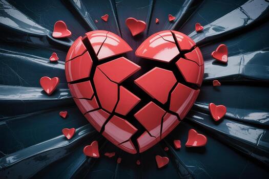 Shattered Red Heart on Dark Abstract Background A Concept of Lost Love and Heartbreak photo
