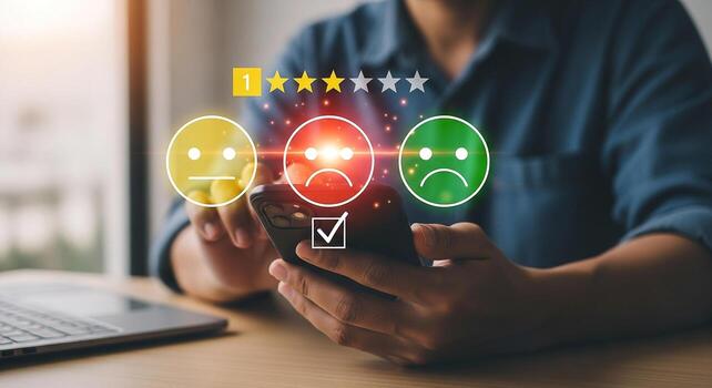 Person giving negative feedback rating on smartphone, reviewing service, digital experience, online survey, customer satisfaction, mobile application, user experience, poor quality photo