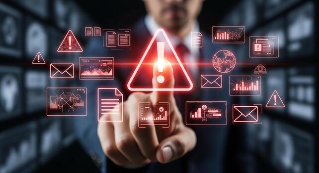 empresario analizando rojo alerta advertencia notificación en digital interfaz, demostración urgente riesgo administración y datos seguridad cuestiones foto