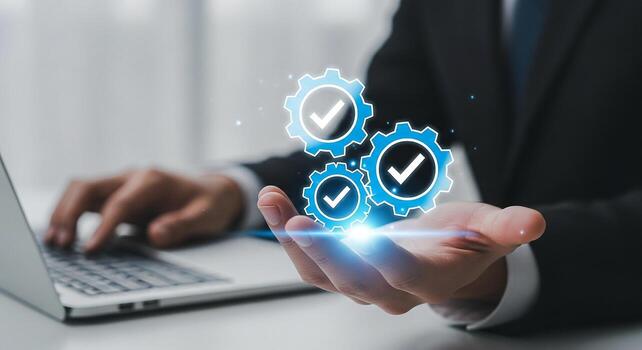 Businessman Holding Interlocking Gears with Checkmarks, Symbolizing Quality Control and Process Optimization in a Modern Office Setting photo