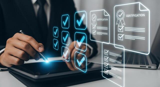 Businessperson reviewing digital checklist on tablet, completing tasks and achieving certification in modern office, concept of successful workflow and project management photo