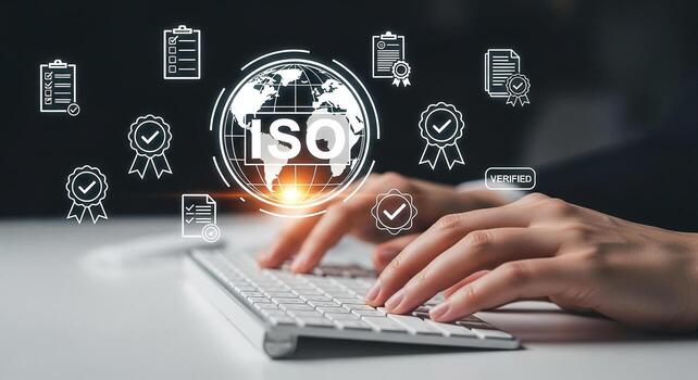 persona trabajando en un teclado con Yo asi Certificación y verificación íconos en un digital pantalla en moderno oficina, lograr global calidad normas foto