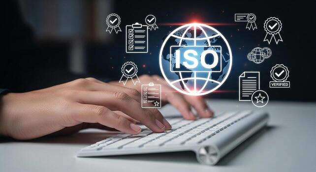 Person working on a keyboard with ISO certification and global standards compliance icons on a digital screen Achieving quality management system and global business success photo