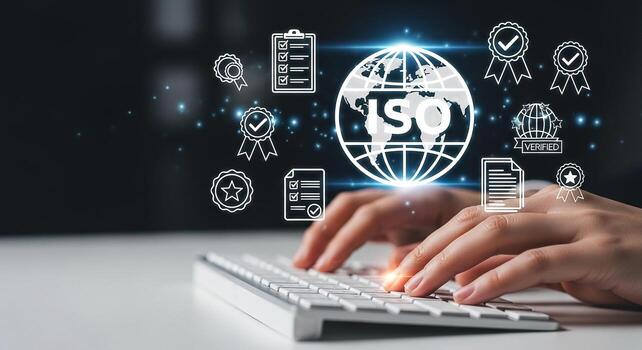 Person working on a keyboard with ISO certification and quality control icons on a digital global network, achieving business success and standards compliance photo