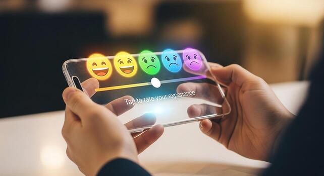 Person using a smartphone to rate an experience with emojis, providing feedback through a transparent screen interface in a modern setting, reflecting customer satisfaction and dig photo