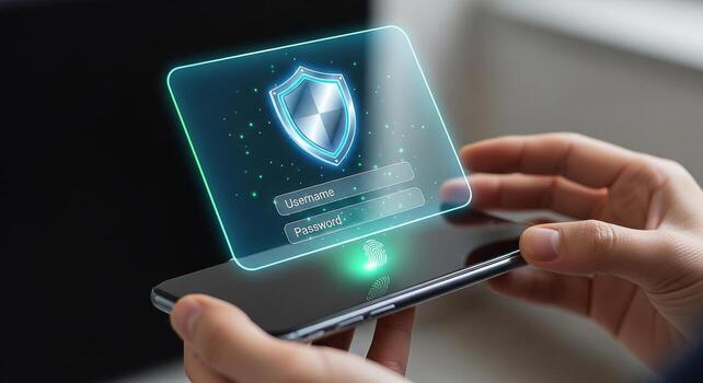 Person using biometric fingerprint authentication on smartphone for secure access, modern technology, digital security, privacy protection concept photo