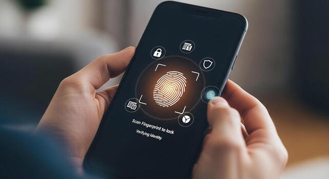 Person using fingerprint scanner on smartphone for secure mobile access, indoors, demonstrating modern technology and digital security photo