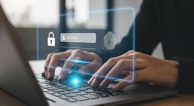 Person using biometric fingerprint authentication to login on laptop computer, secure online access, digital security concept photo