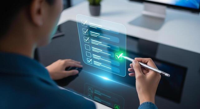 Person completing a digital checklist using a stylus on a tablet in a modern office, signifying efficiency and task management photo