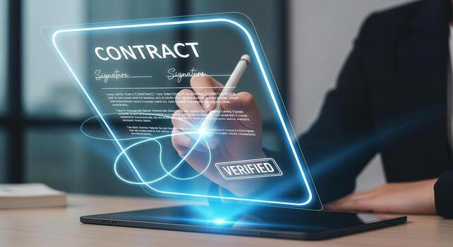 Businessperson e-signing a digital contract using a stylus on a tablet in a modern office, signifying secure verification and deal completion photo