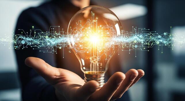 Person holding a glowing lightbulb with digital circuit lines, symbolizing innovation and technological progress in a modern office setting The image evokes a sense of discovery, i photo