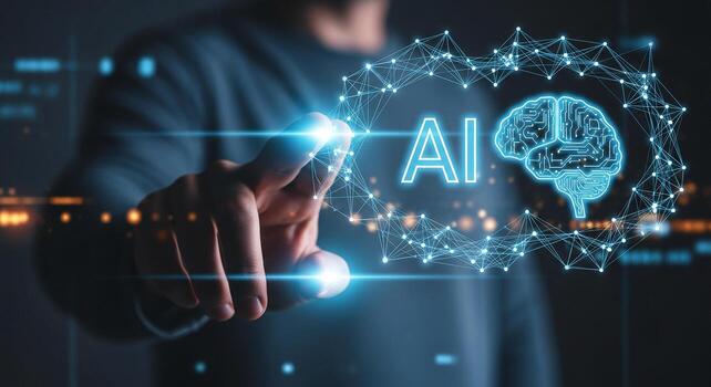 Man Interacting with Futuristic AI Brain Interface, Exploring Digital Network, Technological Innovation Concept photo