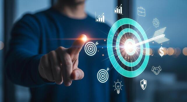 Man touching digital target with arrow hitting the center, symbolizing business success and achieving goals in a modern office setting The image depicts concepts of accuracy, preci photo