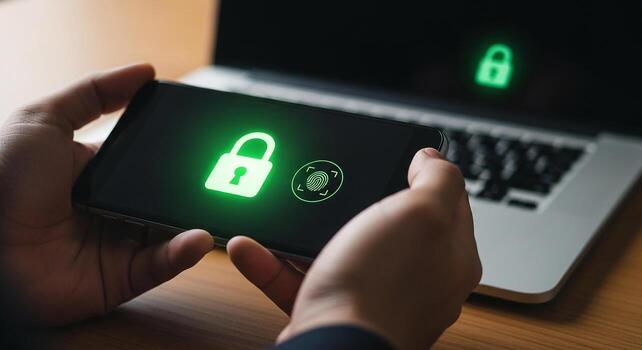 Person using biometric authentication on smartphone for secure access, a digital security and privacy concept in a modern office setting photo