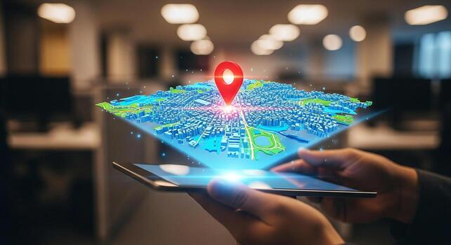 Person using a tablet to navigate a 3D city map, exploring urban planning and location-based services in a modern office setting Futuristic technology concept photo