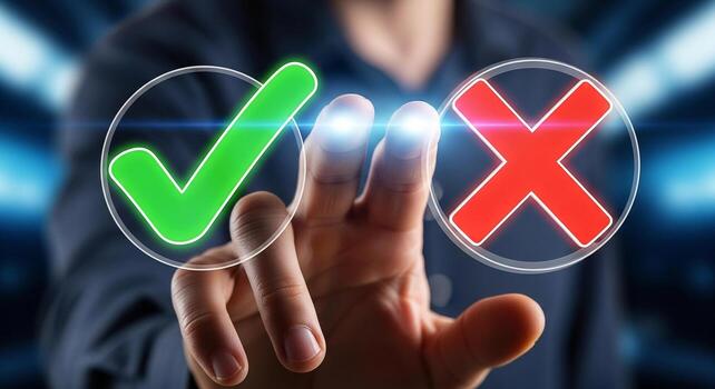 Person making a choice, selecting between right and wrong, using a futuristic touchscreen interface The concept represents decision-making, judgment, and the consequences of choice photo