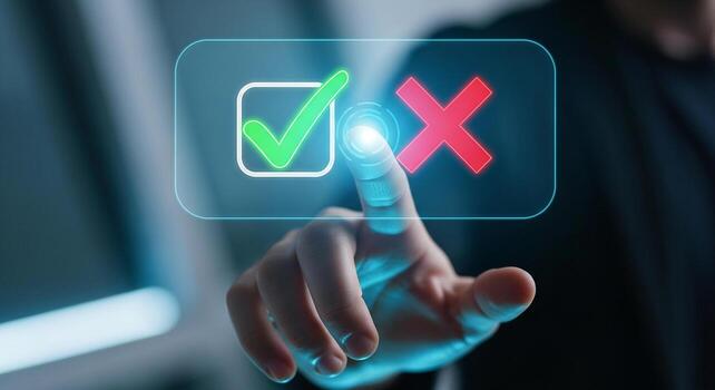 persona haciendo un crucial decisión, dedo señalando a un digital pantalla con cheque y cruzar marcas, significando elección, aprobación, rechazo, futuro, tecnología, interfaz foto