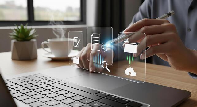 Person working on laptop, managing digital files and data, in a modern office, showcasing efficiency and technology integration photo
