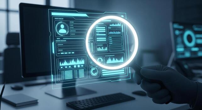 Analyst Examining Digital Data Analytics Through a Magnifying Glass in a Modern Office Setting - Concept of Data Analysis and Research photo