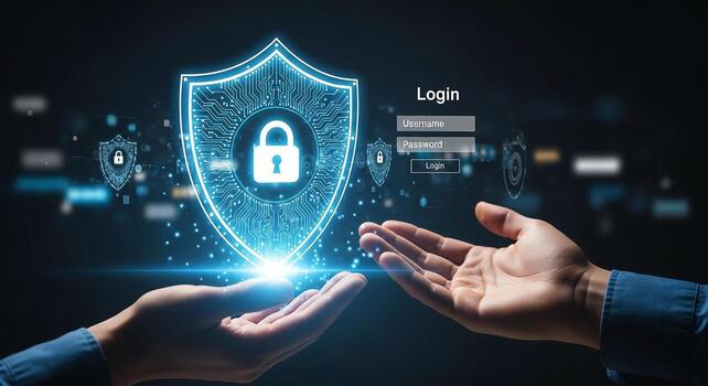 seguro digital iniciar sesión dos manos presentación un futurista proteger con un cerrar con llave, representando la seguridad cibernética y datos proteccion en un moderno tecnológico ambiente foto