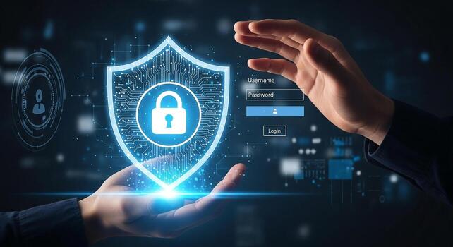 Hands holding digital shield with lock, signifying secure login and password protection in a futuristic technological environment The concept represents cybersecurity, data privacy photo