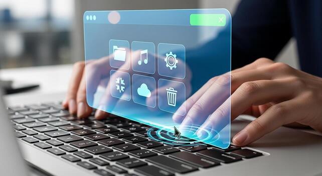 Person using laptop with futuristic interface, innovative technology, digital workspace, modern office, efficient workflow, seamless user experience, data management, cloud computi photo