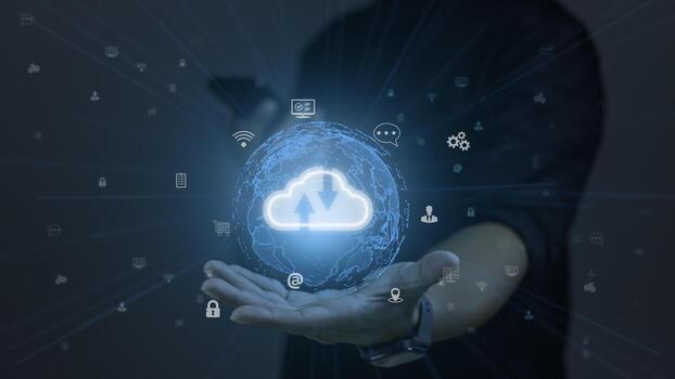 Man using smartphone with cloud computing diagram show on hand. Cloud technology,Data storage, Networking and internet service concept. photo