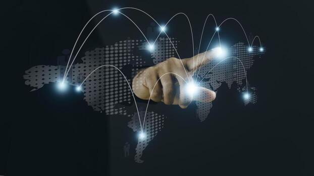 Businessman touching global networking and data exchanges customer connection on virtual screen. Network marketing concept. photo