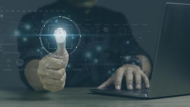 Businessman using fingerprint indentification to access personal financial data. futuristic digital processing of biometric identification fingerprint scanner. concept of surveillance and security scanning of digital programs cyber futuristic applications photo