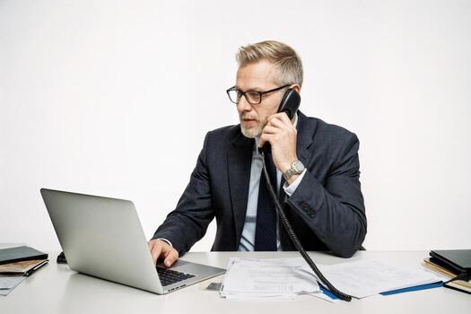 A man in a suit and glasses is talking on the phone while sitting at a desk photo