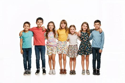 Children standing together in colorful outfits showcasing friendship and joy in a studio setting photo