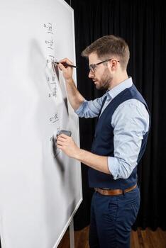 Man in formal attire writes mathematical equations on a whiteboard in a classroom setting photo