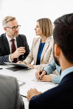 Business professionals engage in a strategic meeting discussing project goals and objectives in a modern office setting photo