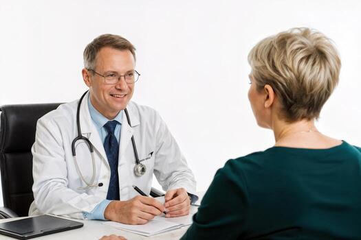 Doctor consulting with female patient in a clinical setting during a routine check-up photo